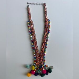 Colorful Woven Beaded Necklace w/ Pom Poms